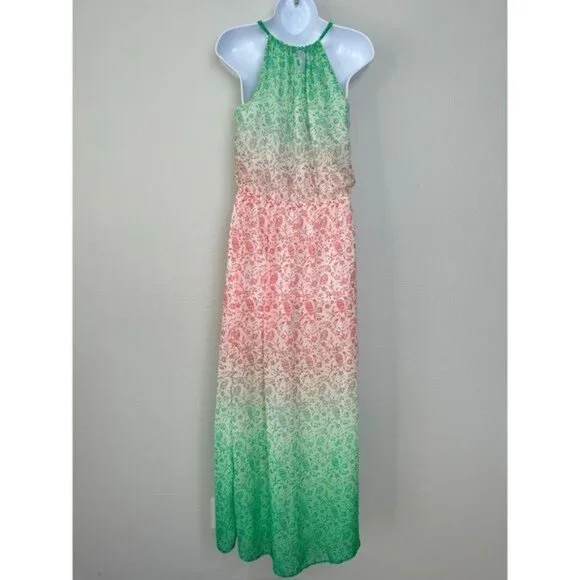 Old Navy Green and Pink blouson Tiered Maxi Dress sleeveless holiday S - Picture 6 of 11